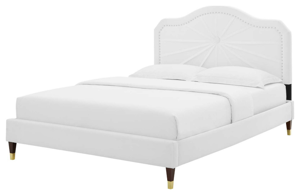 Platform Bed Frame, King Size, Velvet, Dark Gray, Modern Contemporary