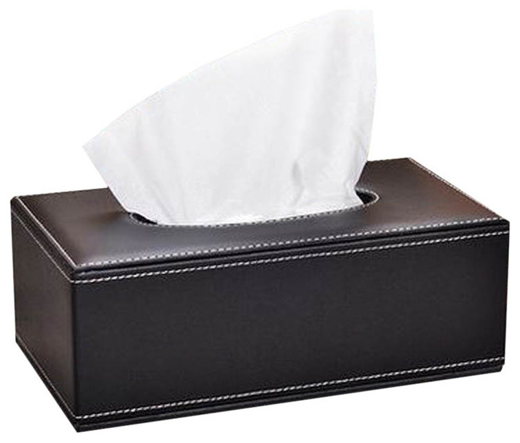 PU Leather Tissue Box Holder, Black, Large Contemporary Tissue Box