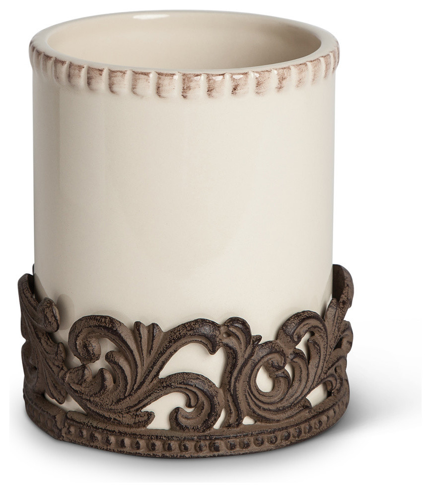 Cream Ceramic Utensil Holder With Acanthus Leaf Metal Base Traditional Utensil Holders And