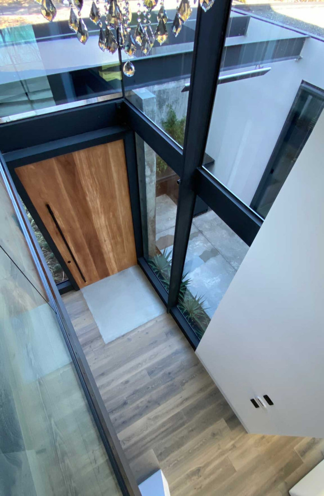 Mid-sized contemporary foyer in San Francisco with white walls, light hardwood floors, a pivot front door, a medium wood front door and grey floor.