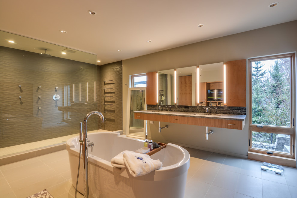 Inspiration for a mid-sized modern master ceramic tile bathroom remodel in Seattle with flat-panel cabinets, light wood cabinets, white walls and an undermount sink