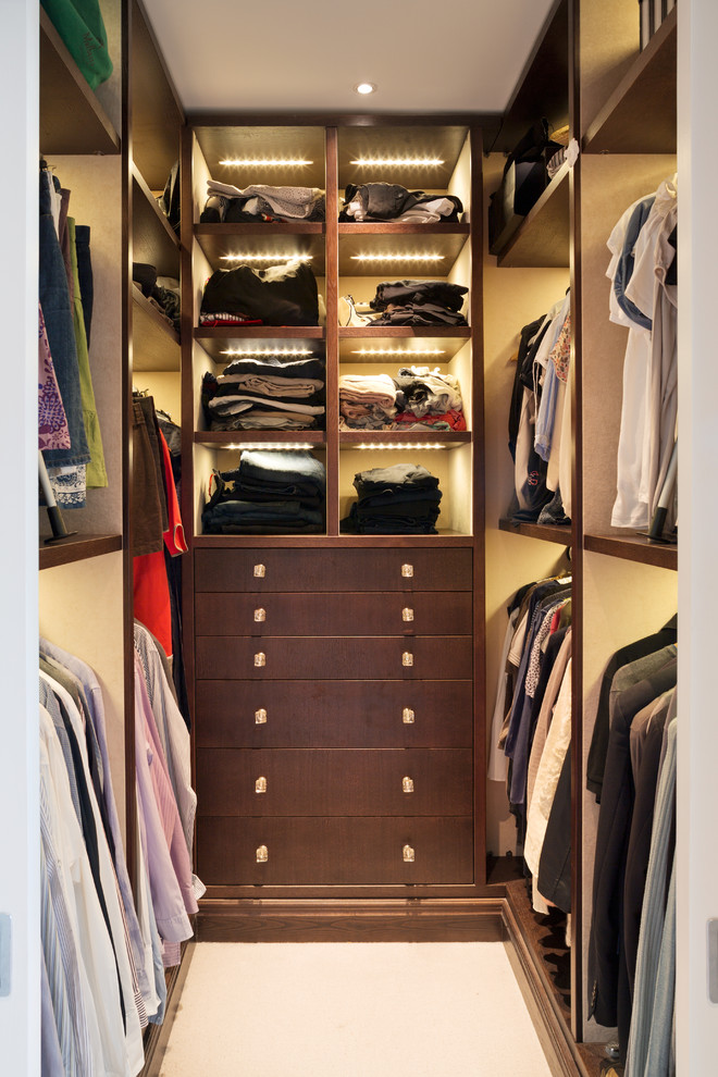 Photo of a mid-sized contemporary gender-neutral walk-in wardrobe in London with open cabinets, dark wood cabinets, carpet and beige floor.