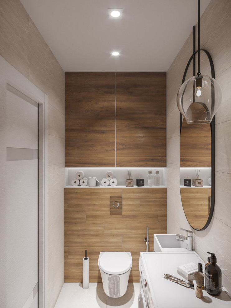 Photo of a small contemporary master bathroom in Other with flat-panel cabinets, medium wood cabinets, an undermount tub, a corner shower, a wall-mount toilet, multi-coloured tile, wood-look tile, multi-coloured walls, ceramic floors, a pedestal sink, wood benchtops, white floor, a shower curtain, brown benchtops, an enclosed toilet, a single vanity, a freestanding vanity and recessed.