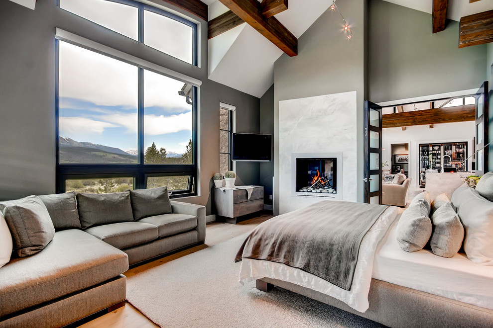 Inspiration for a contemporary bedroom in Denver with grey walls, medium hardwood floors and a standard fireplace.