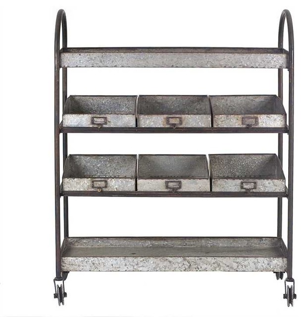 Galvanized Metal 4 Tier Rolling Cart With 6 Bins Industrial Bar