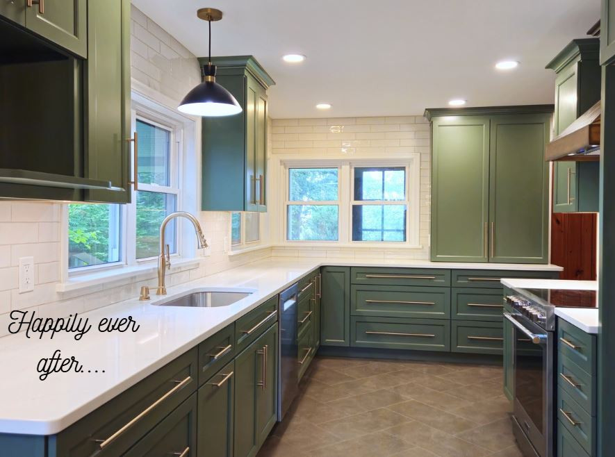 Example of a transitional l-shaped porcelain tile and gray floor eat-in kitchen design with an undermount sink, shaker cabinets, green cabinets, quartz countertops, white backsplash, subway tile backsplash, stainless steel appliances and white countertops