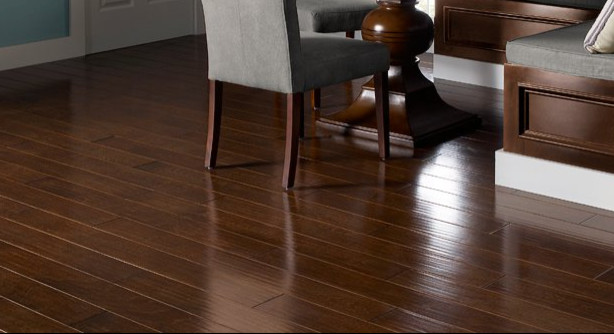 Dining room - transitional dark wood floor dining room idea with blue walls and no fireplace