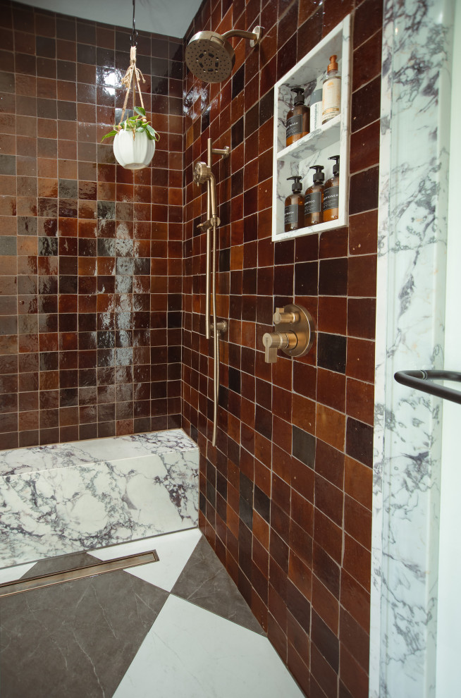 Bathroom - mid-sized transitional master ceramic tile and multicolored floor bathroom idea in Other with brown walls and a hinged shower door