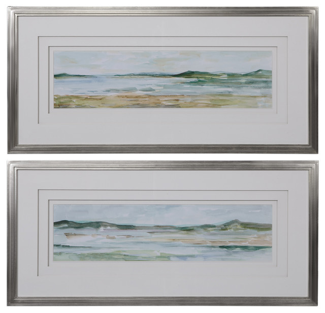 Elegant 46 In Long Seascape Coastal Framed Print Set 2 Watercolor Beach Ocean - Contemporary - Prints And Posters - By My Swanky Home | Houzz