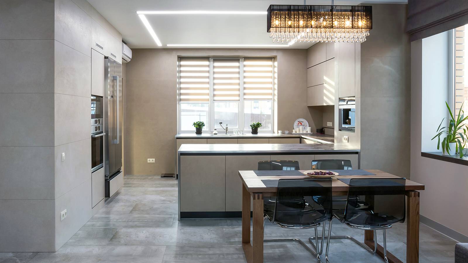 Кухня-гостиная из керамики, текстуры камень, цемент, металл