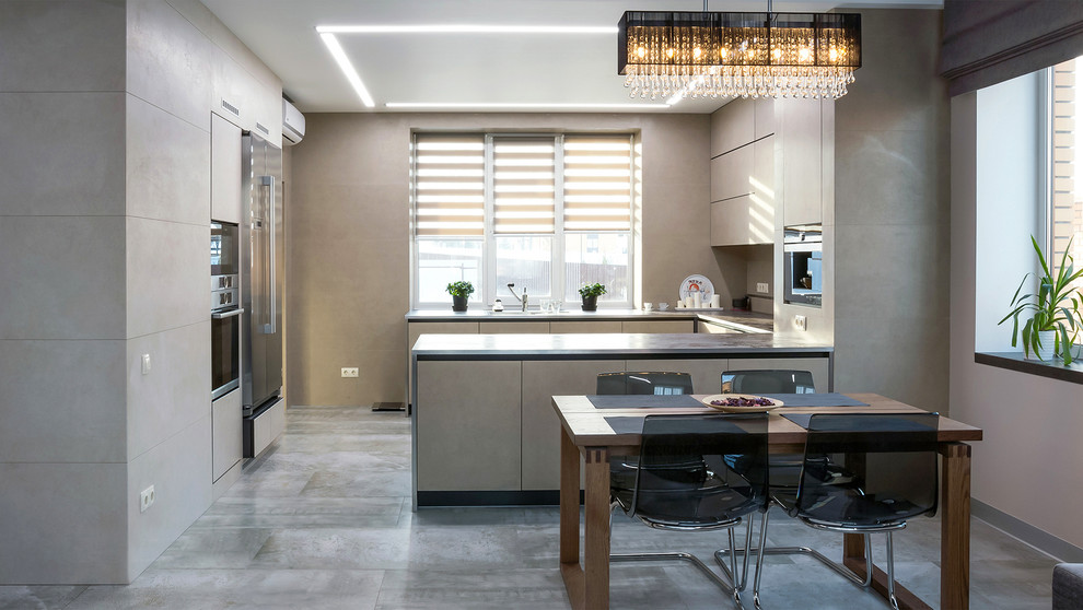 Кухня-гостиная из керамики, текстуры камень, цемент, металл