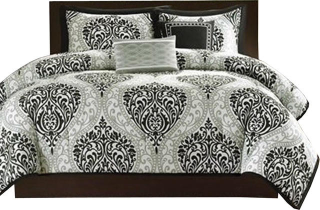 Damask White Black King Size 5 Piece Comforter Set Mediterranean