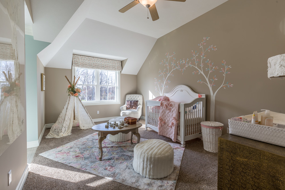 Elegant girl carpeted and gray floor nursery photo in Cleveland with brown walls