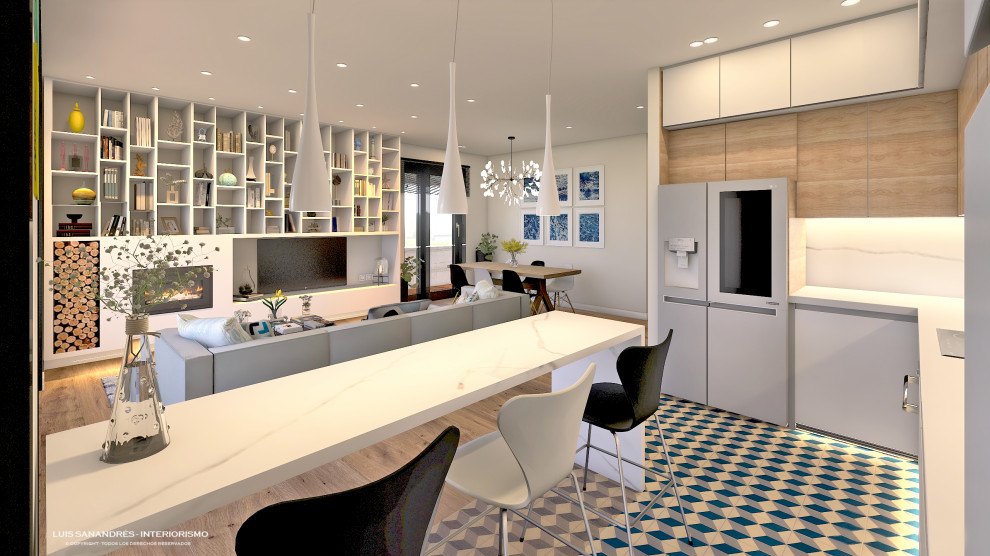Photo of a mid-sized contemporary l-shaped open plan kitchen in Barcelona with an undermount sink, flat-panel cabinets, white cabinets, quartz benchtops, white splashback, engineered quartz splashback, stainless steel appliances, ceramic floors, a peninsula, turquoise floor and white benchtop.