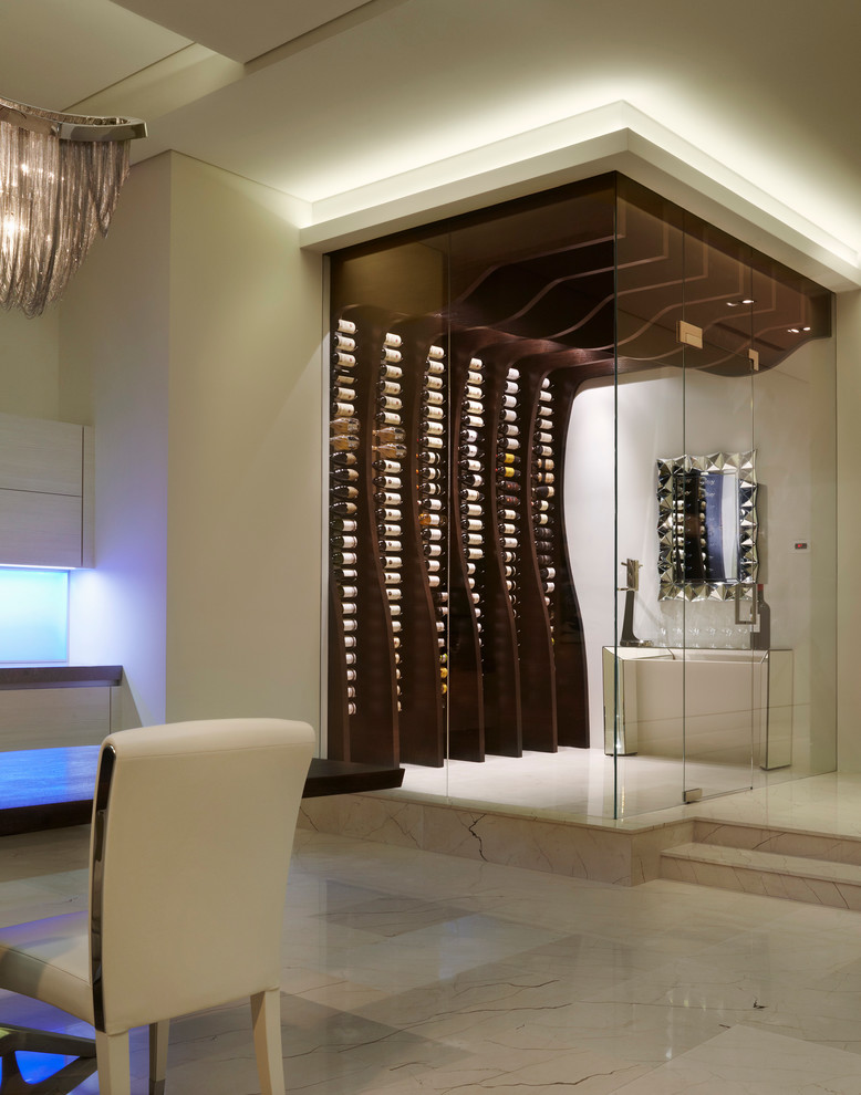 Contemporary wine cellar in Miami with display racks and white floor.