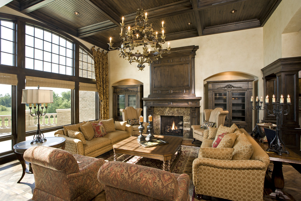 Design ideas for a traditional living room in Minneapolis with beige walls and a standard fireplace.