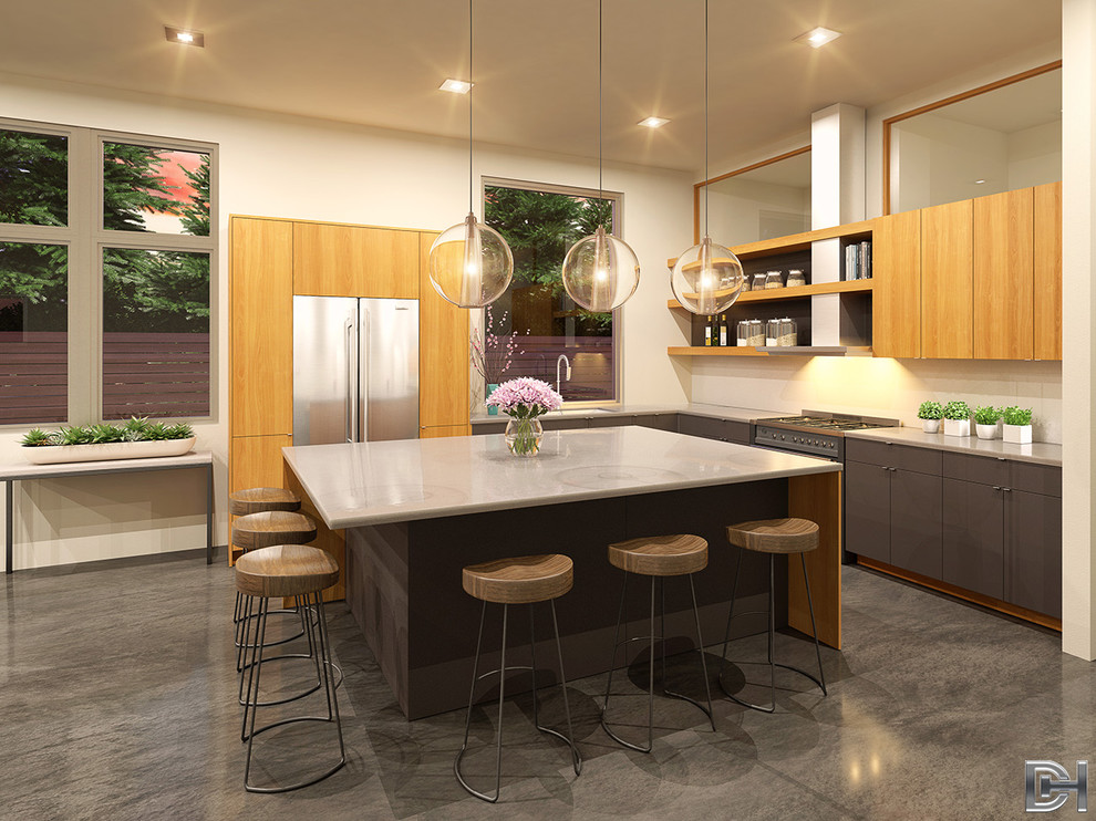 This is an example of a mid-sized contemporary l-shaped separate kitchen in Seattle with a double-bowl sink, flat-panel cabinets, medium wood cabinets, onyx benchtops, white splashback, stone tile splashback, stainless steel appliances, concrete floors and with island.