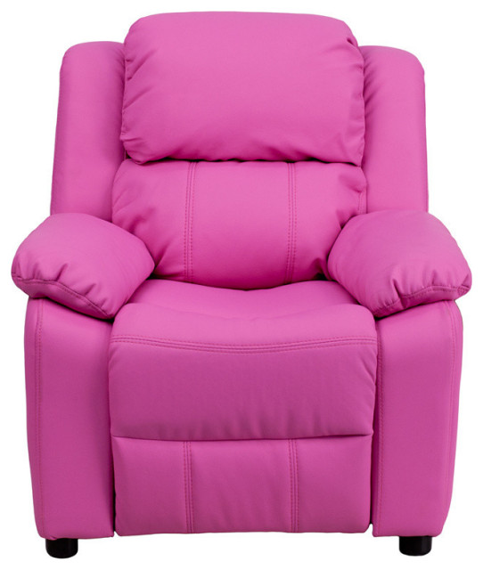 Deluxe Padded Contemporary Hot Pink Vinyl Kids Recliner With Storage Arms