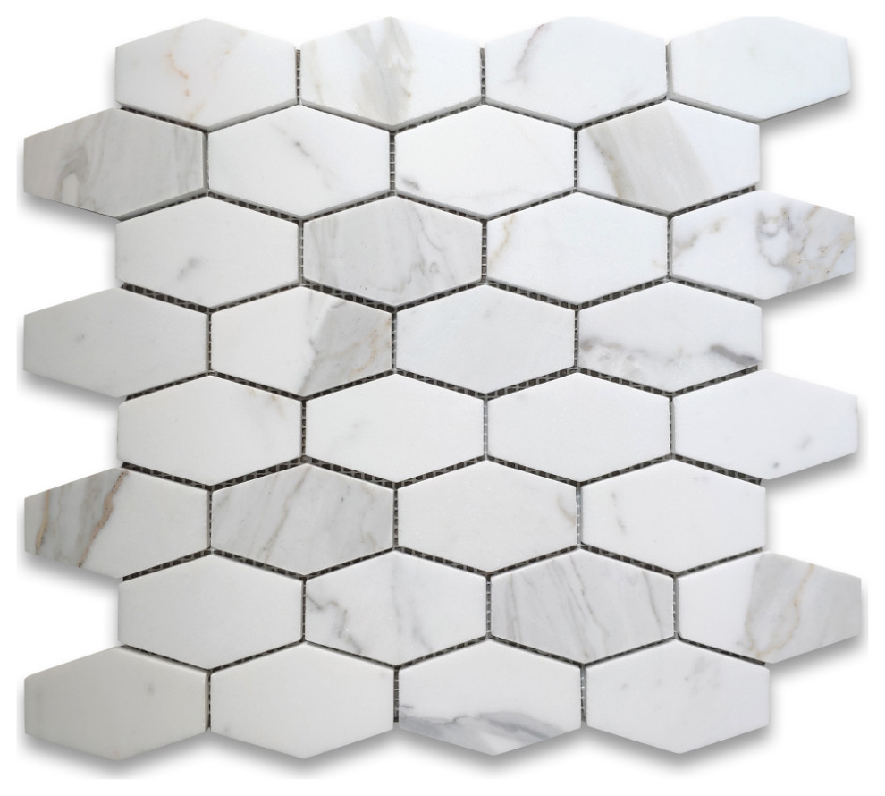 Calacatta Gold Marble 1-1/4x3 Elongated Hexagon Mosaic Tile Honed, 1 sheet