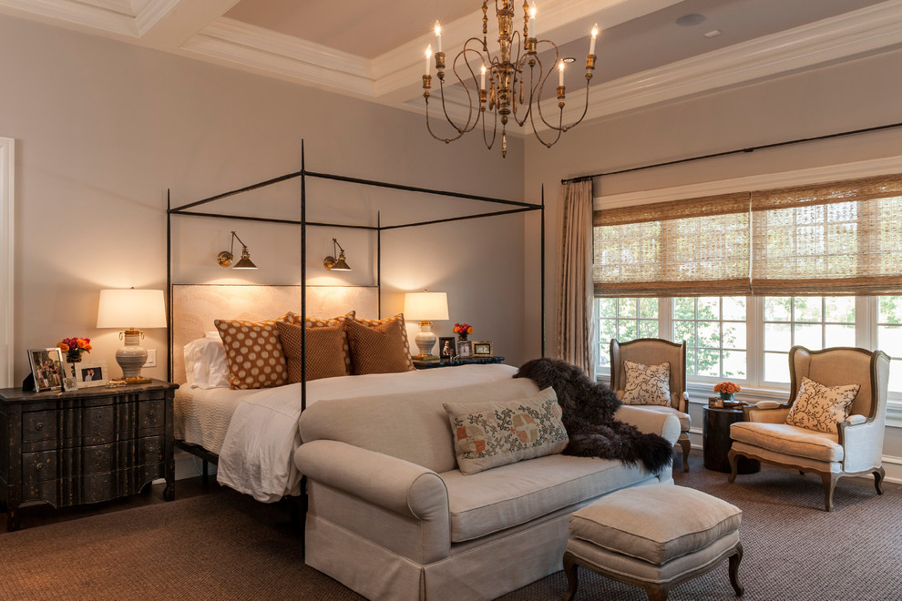 Design ideas for a large traditional master bedroom in Indianapolis with beige walls, carpet and no fireplace.