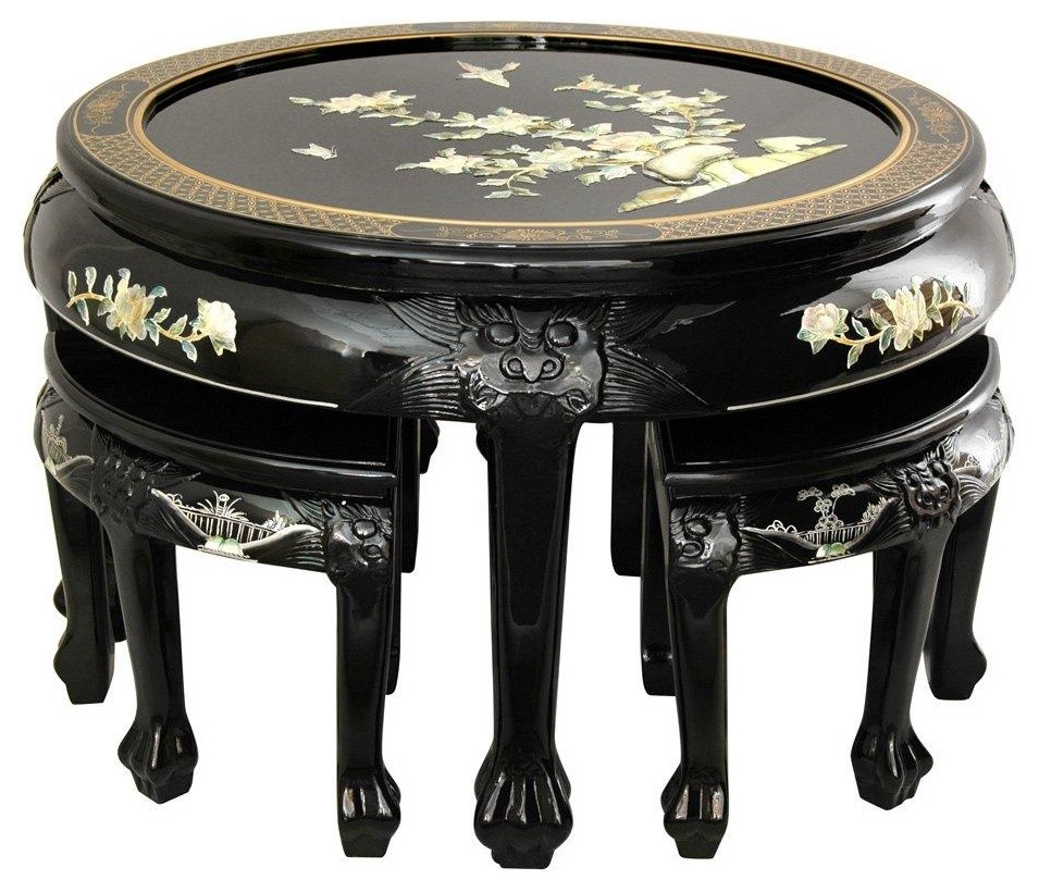 Black Lacquer Mother of Pearl Round Coffee Table With Stools, 5Piece