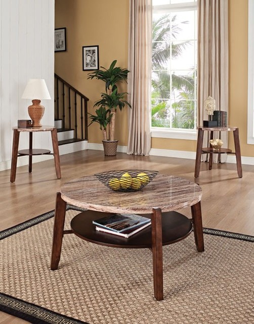 ACME Furniture - Nadav 3 Piece Round Coffee/End Table Set with Faux Marble Top -