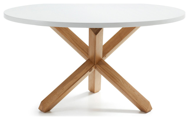 white top dining table with oak legs