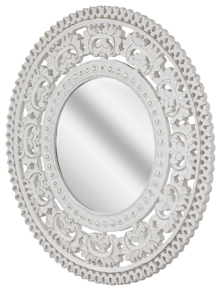 American Art Decor HandCarved Wood Medallion Accent Mirror White, 24
