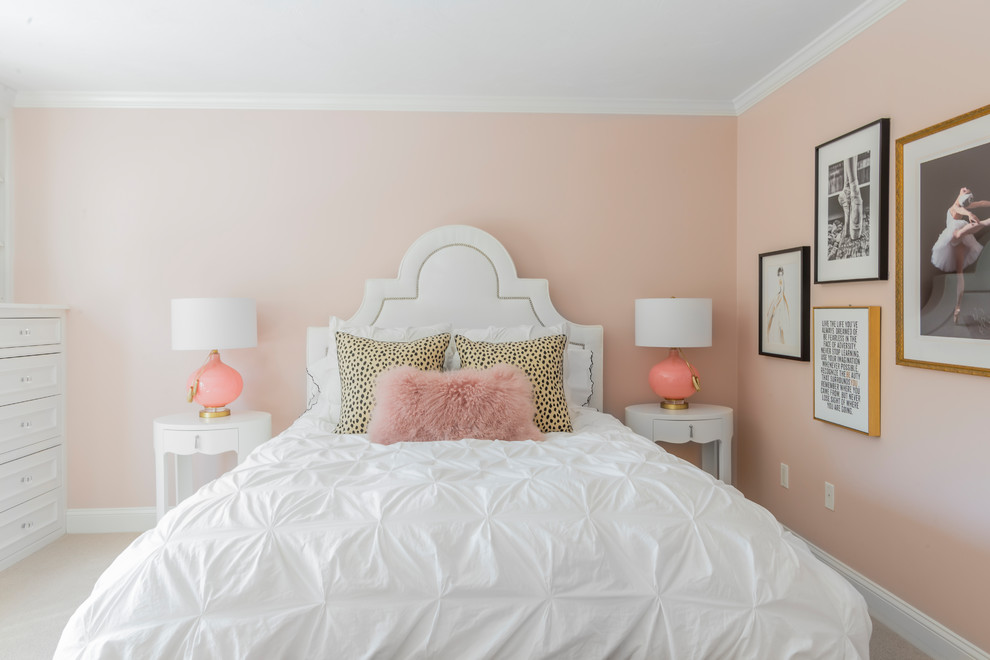 Mid-sized transitional kids' room in Boston with pink walls, carpet and beige floor for girls.
