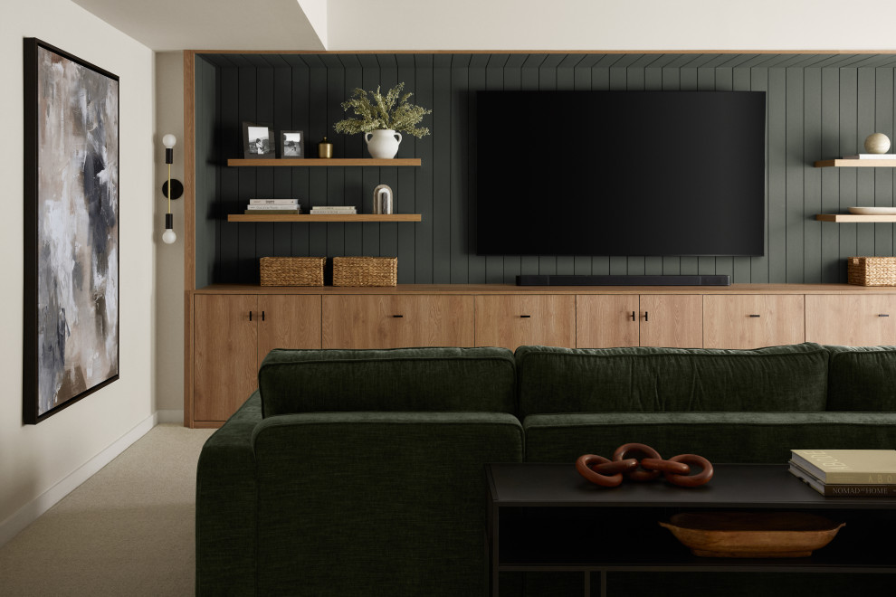 Basement - mid-sized transitional walk-out carpeted and beige floor basement idea in DC Metro with beige walls