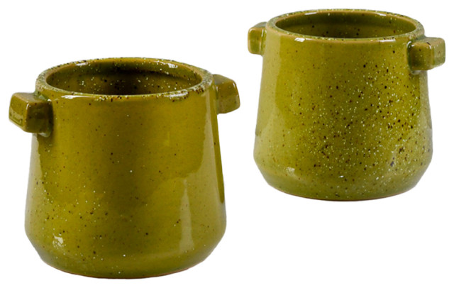 Serene Spaces Living Set of 2 Green Ceramic Vase, 3.75" Diameter & 3.25" Tall