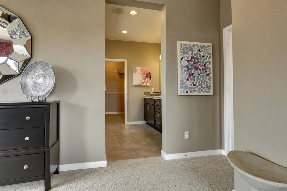 Inspiration for a large transitional master gray tile, white tile and glass tile bathroom remodel in Denver with recessed-panel cabinets, dark wood cabinets, beige walls, an undermount sink and quartzite countertops