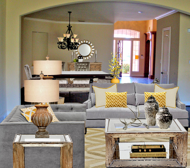 Example of a large transitional open concept dark wood floor living room design in Other with yellow walls, a standard fireplace, a stone fireplace and a concealed tv