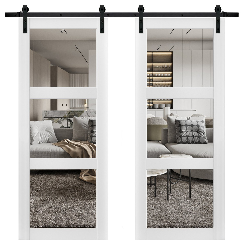 Double Barn Door 72 x 96 With Clear Glass, Lucia 2555 Matte White, 13FT Kit