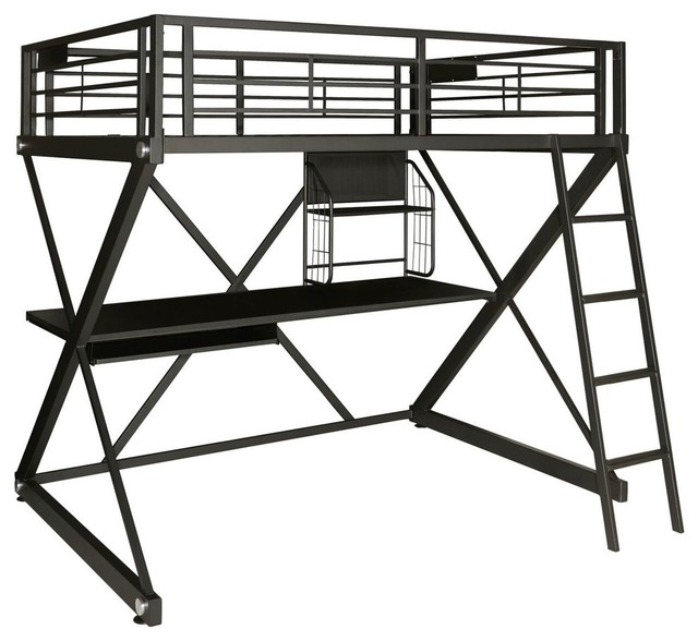 Z Bedroom Full Size Loft Bunk Bed W Study Desk In Black Finish