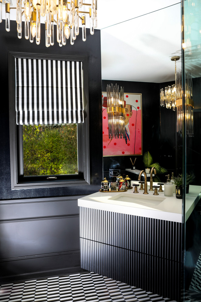 Eclectic powder room in Chicago with black cabinets, a two-piece toilet, black tile, black walls, mosaic tile floors, an undermount sink, multi-coloured floor, white benchtops, a floating vanity and wallpaper.