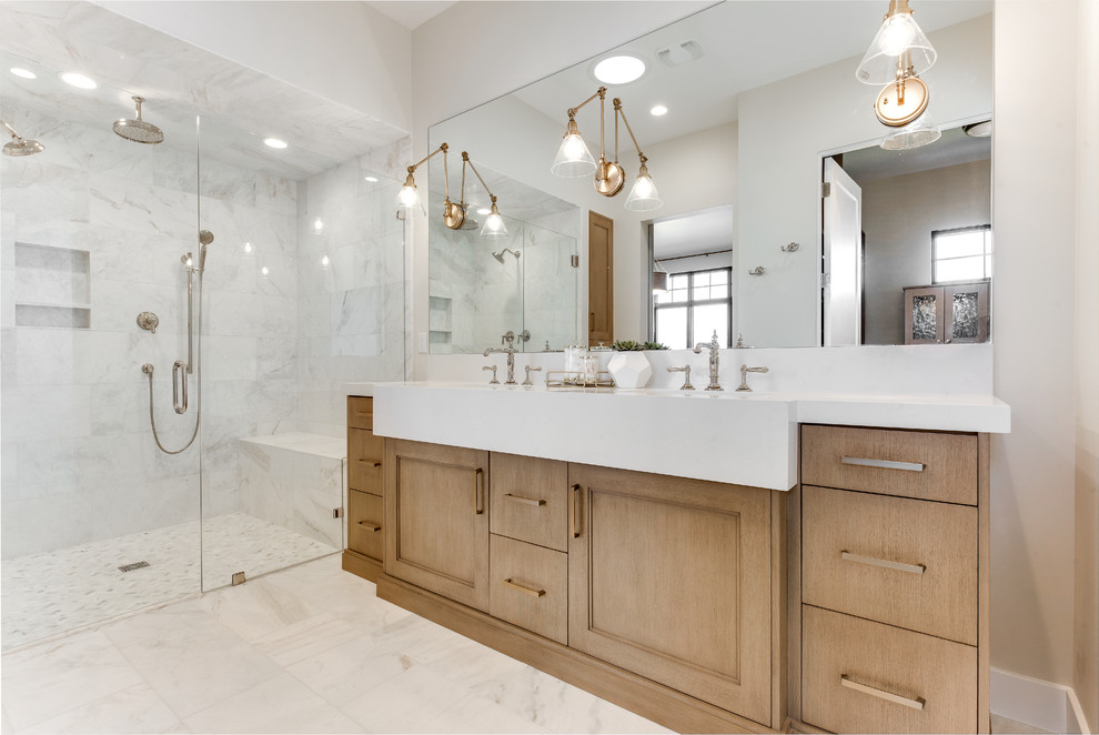 This is an example of a country bathroom in Salt Lake City with flat-panel cabinets, medium wood cabinets, a curbless shower, white tile, beige walls, an integrated sink, white floor, a hinged shower door and white benchtops.