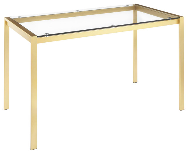 Fuji Contemporary/glam Dining Table, Gold Metal With Clear Glass Top
