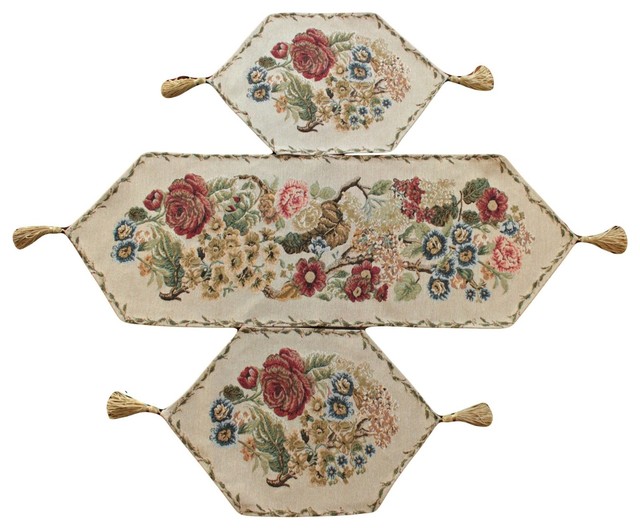 Floral Tapestry Rustic Morning Meadow Table Runner 3Piece Set