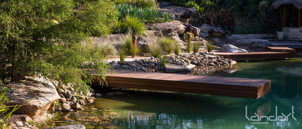 Design ideas for an expansive modern backyard custom-shaped natural pool in Sydney with decomposed granite.