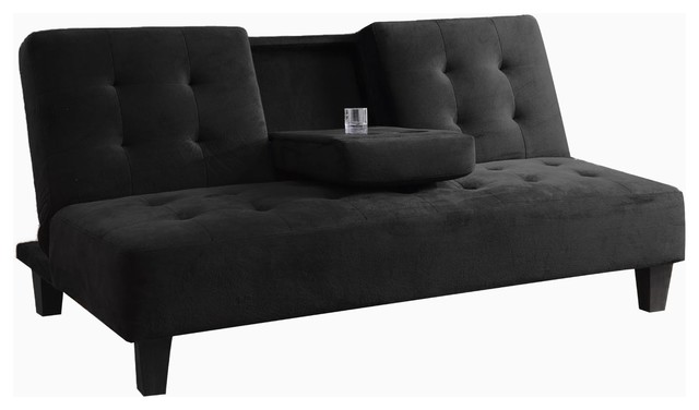 Tufted Futon Sofa Bed With Drop Down Cup Holder In Black