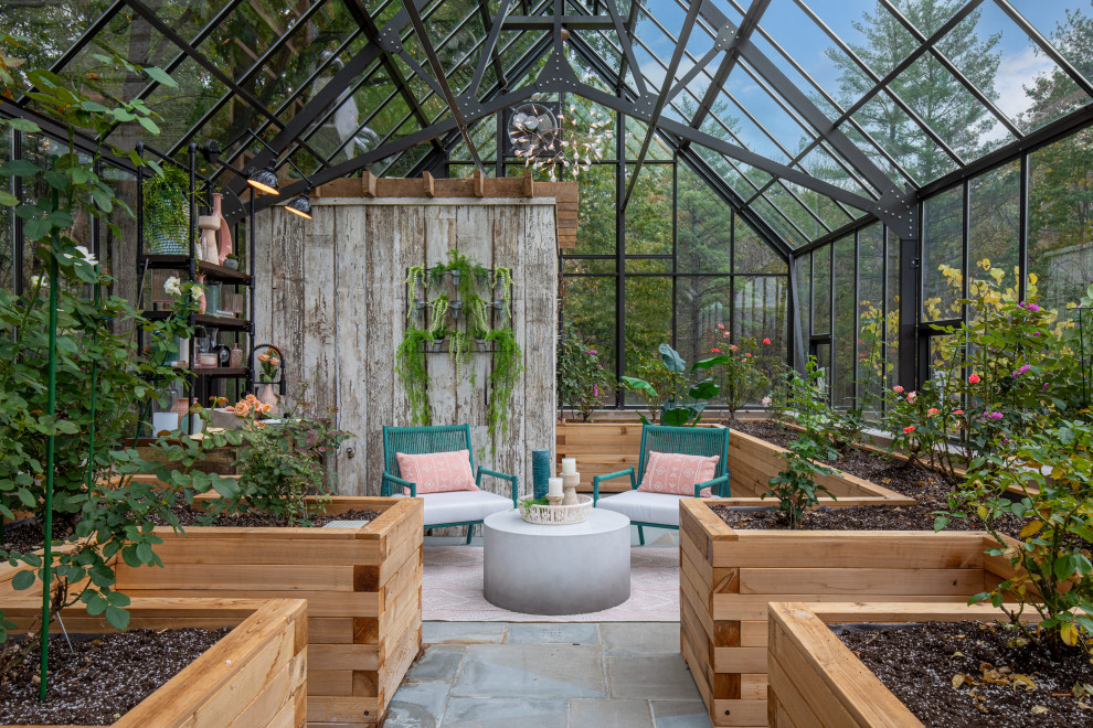 Idéer för funkis fristående trädgårdsskjul, med växthus