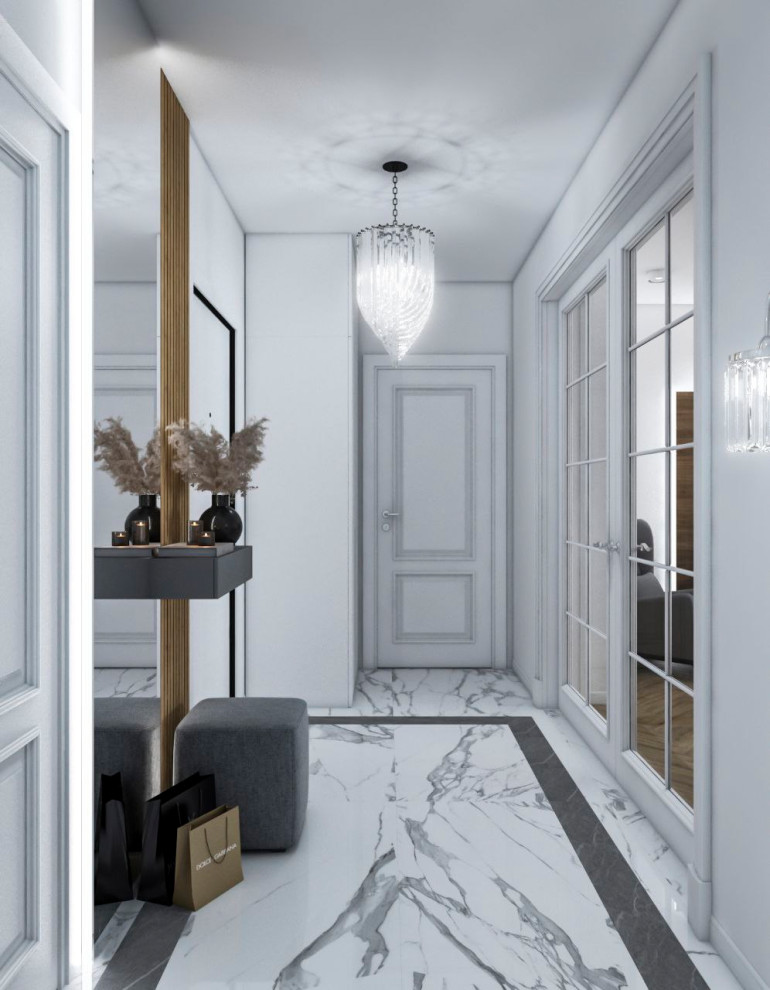 Идея дизайна: коридор среднего размера: освещение в классическом стиле с серыми стенами, полом из травертина и серым полом