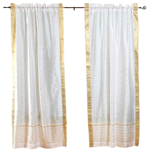 White  Rod Pocket  Sheer Sari Curtain / Drape / Panel   - 80W x 108L - Pair