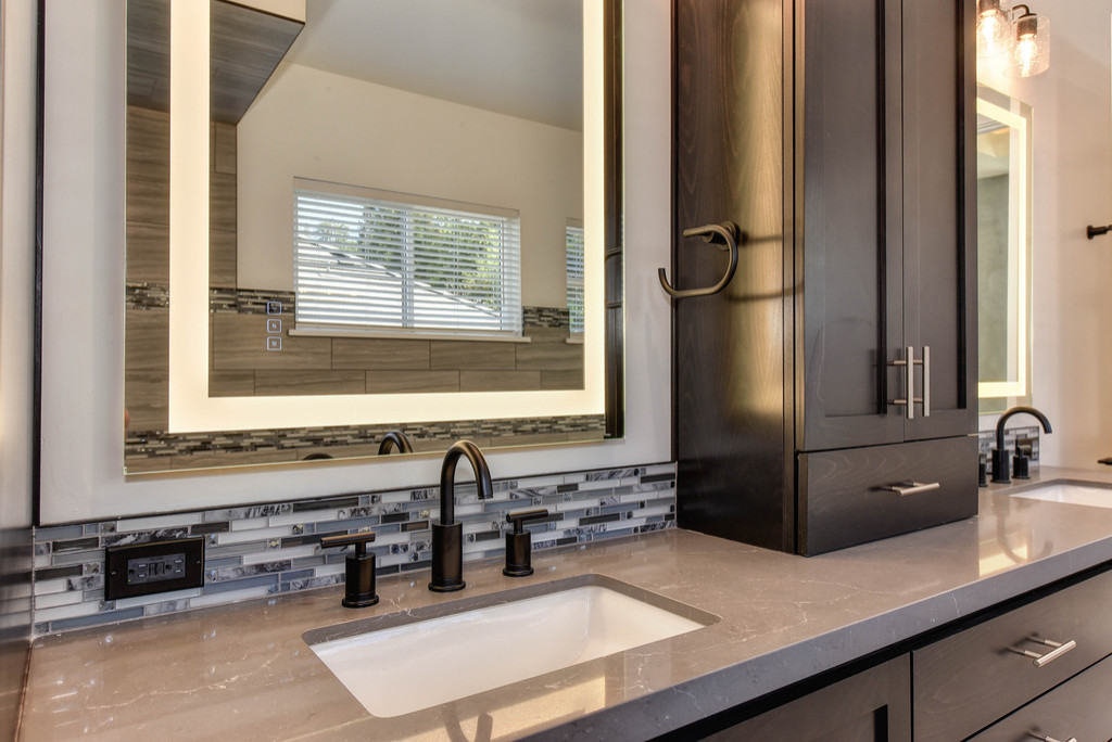 Example of a large minimalist master ceramic tile and multicolored tile double-sink bathroom design in Sacramento with a drop-in sink, quartz countertops, gray countertops and a built-in vanity