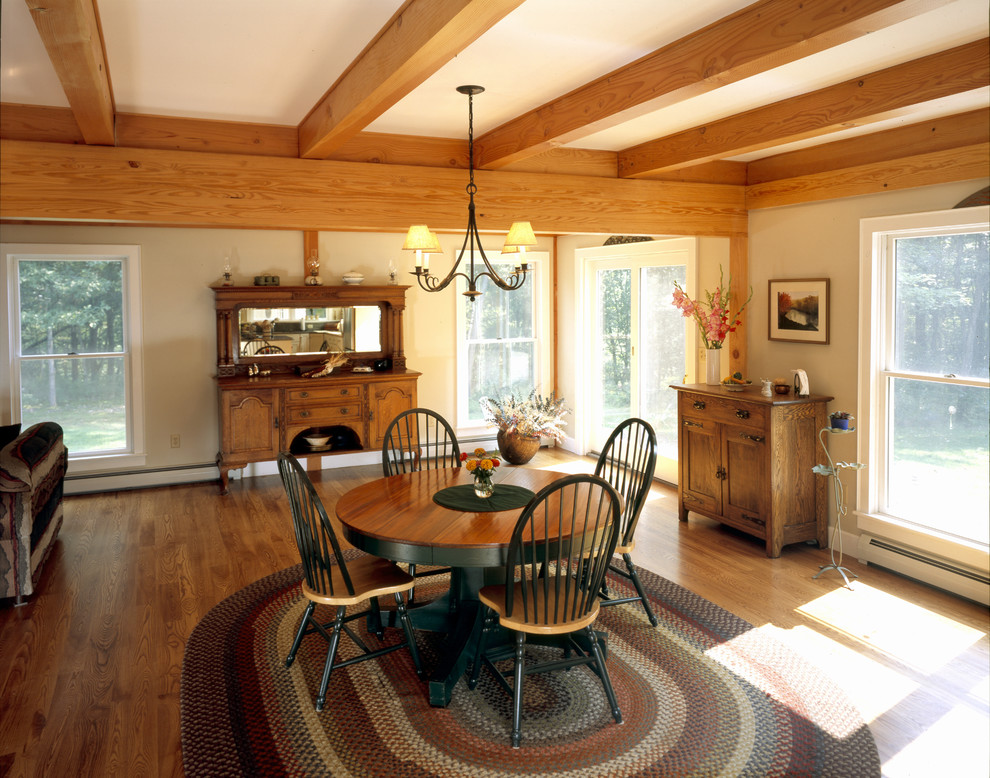 Inspiration for a country dining room in Boston with beige walls and medium hardwood floors.