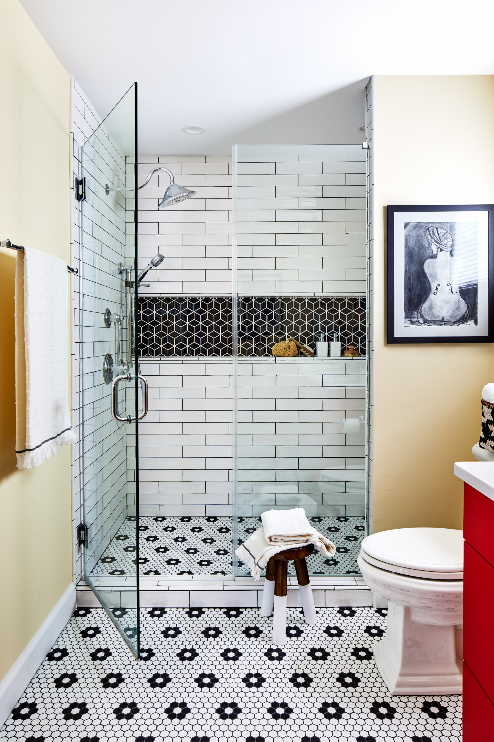 White Tiled Shower Niche with Two Shelves - Cottage - Bathroom