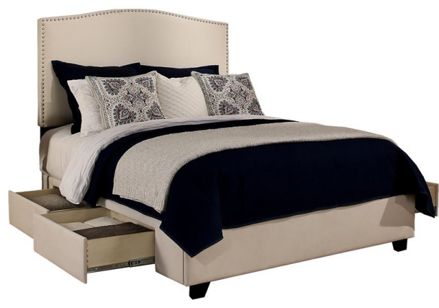 Newport Fabric Upholstered "Steel-Core" Platform Queen Bed/4-Drawers Ivory