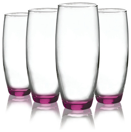 Beverage Stemless Flute Glasses with Beautiful Accent, 9 oz. Set of 4, Pink