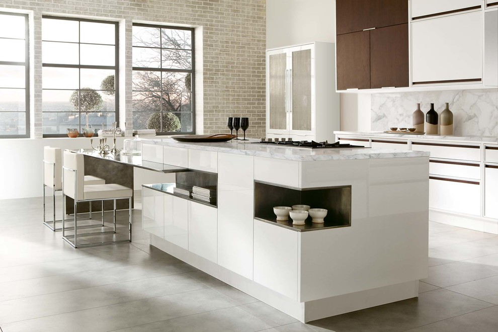 Inspiration for a transitional single-wall eat-in kitchen remodel with flat-panel cabinets and an island